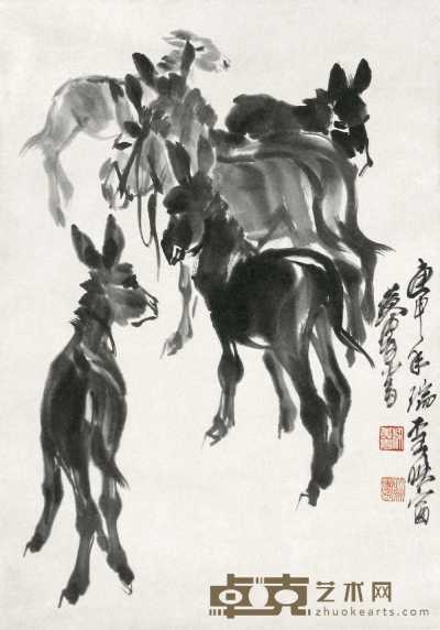 黄胄 庚申（1980年）作 群驴图 立轴 65×46cm